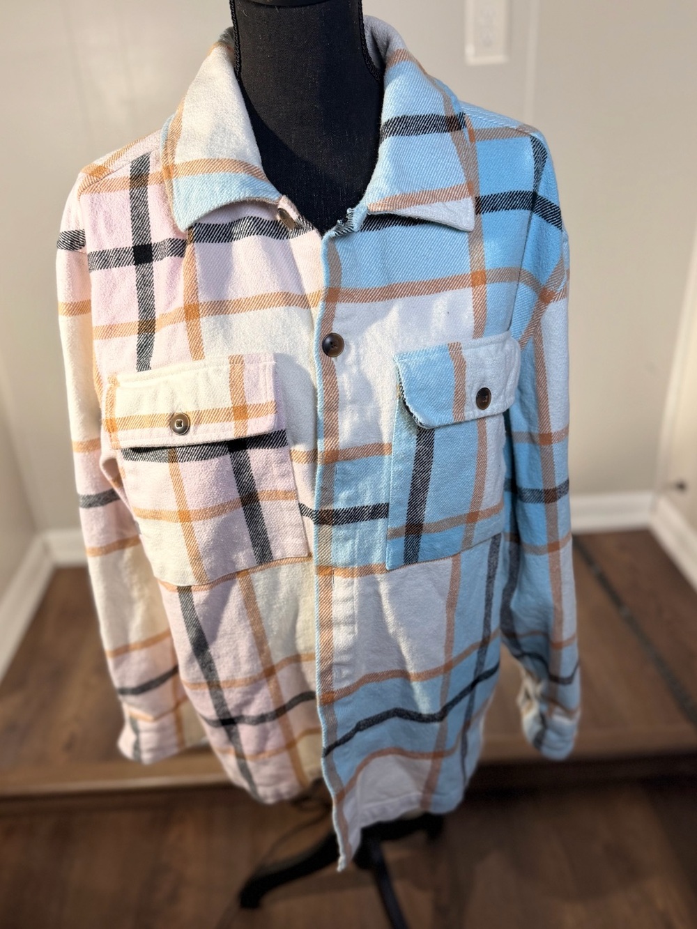Lightweight Plaid Shirt Jacket in Pastel Blue, Cream & Tan